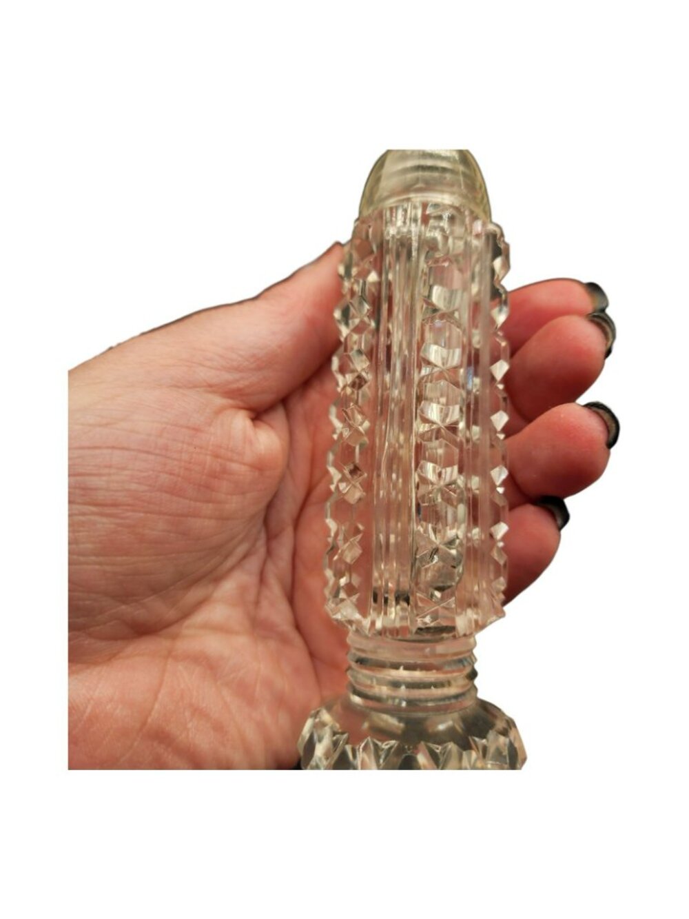 EAPG Diamond Point Glass Salt & Pepper Shakers 5" Tall Glass Caps Antique - Picture 4 of 5